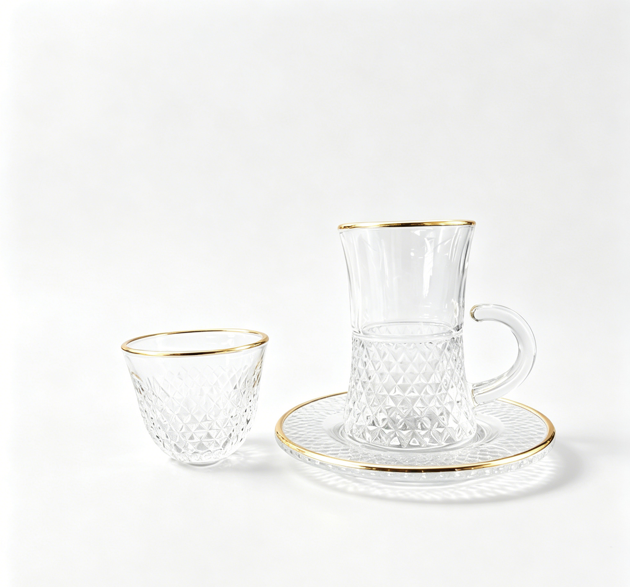 Factory Wholesale Customizable Gold Rim Embossed Glass Tea Cup Set 18PCS Glass Tea Cup Cawa Cup with Saucer Premium Quality Glassware