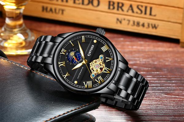 KINYUED luminous moon phase luxury black watch tourbillon automatic mechanical watch for men