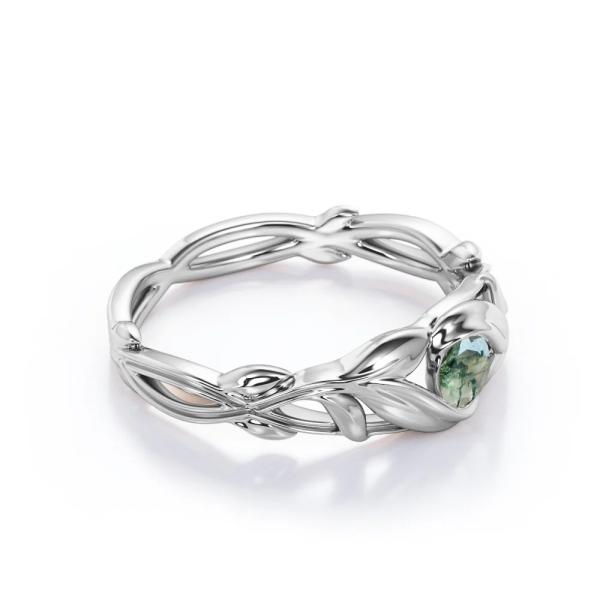 Round Cut Moss Green Agate Leafy Single Stone Engagement Ring in White Gold