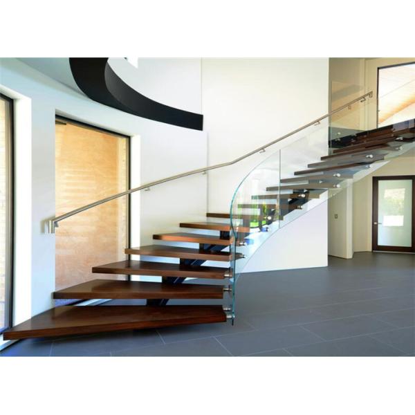 Apartment Building Curved Stairs Wood Tread Stainless Steel Railing Syestem