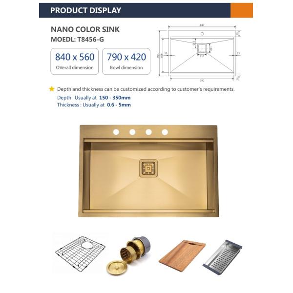 5mm Coloured Stainless Steel Sink Glod Brushed 30 Inch Top Mount Kitchen Sink