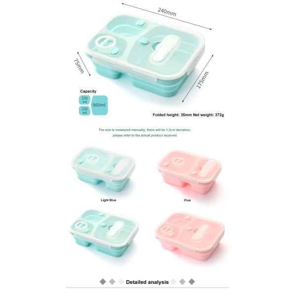 Silicone 3 Sections Bento Lunch Box Collapsible With Spork