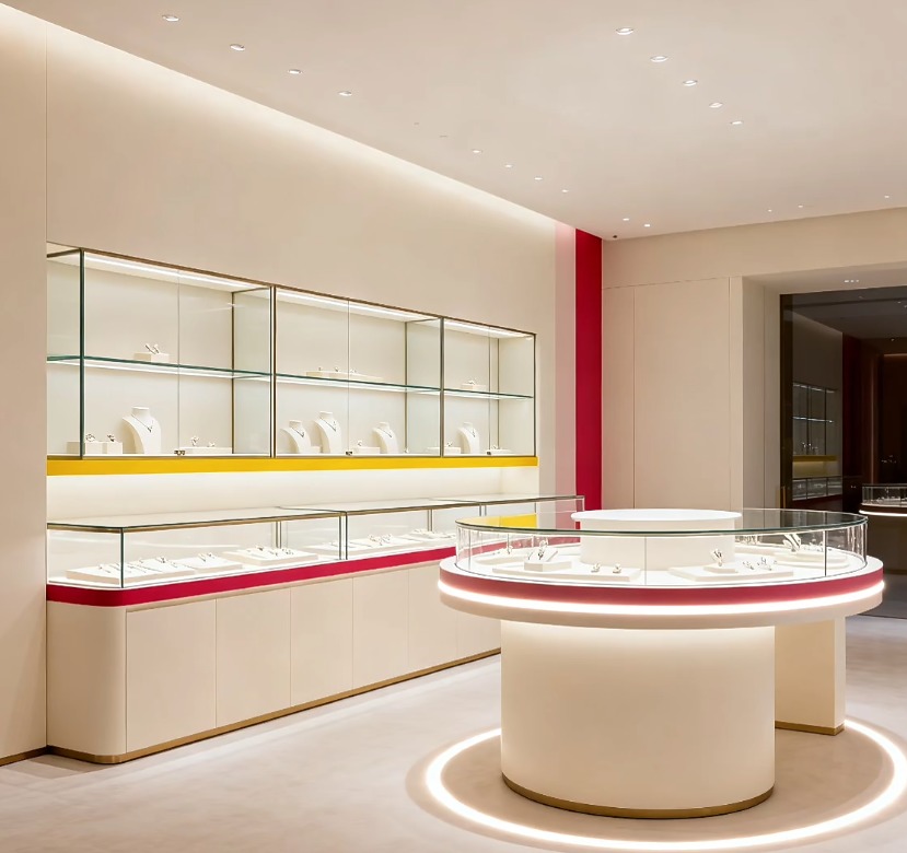 Luxury Front Showcase Jewelry Display Cabinet with Customized Design Tempered Glass and Solid Wood Adjustable Glass Shelves