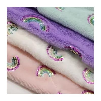 Recycled 100 Polyester Rabbit Fur Rainbow Style Sequins Embroidery on Plush Fabrics for Home Textiles