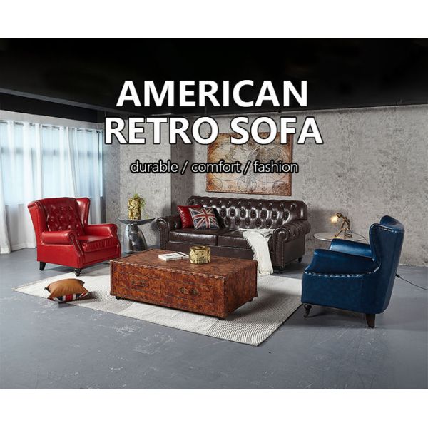 Nidea #8899 High Quality Traditional Retro European Chesterfield Genuine Leather Square Living Room Sofa Set with Sponge Filling