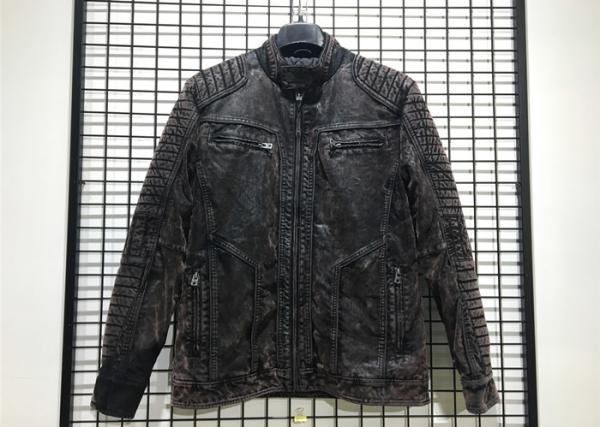 Garment Dyed Mens Black Quilted Jacket , Mottle Wash Pleather Jacket Mens