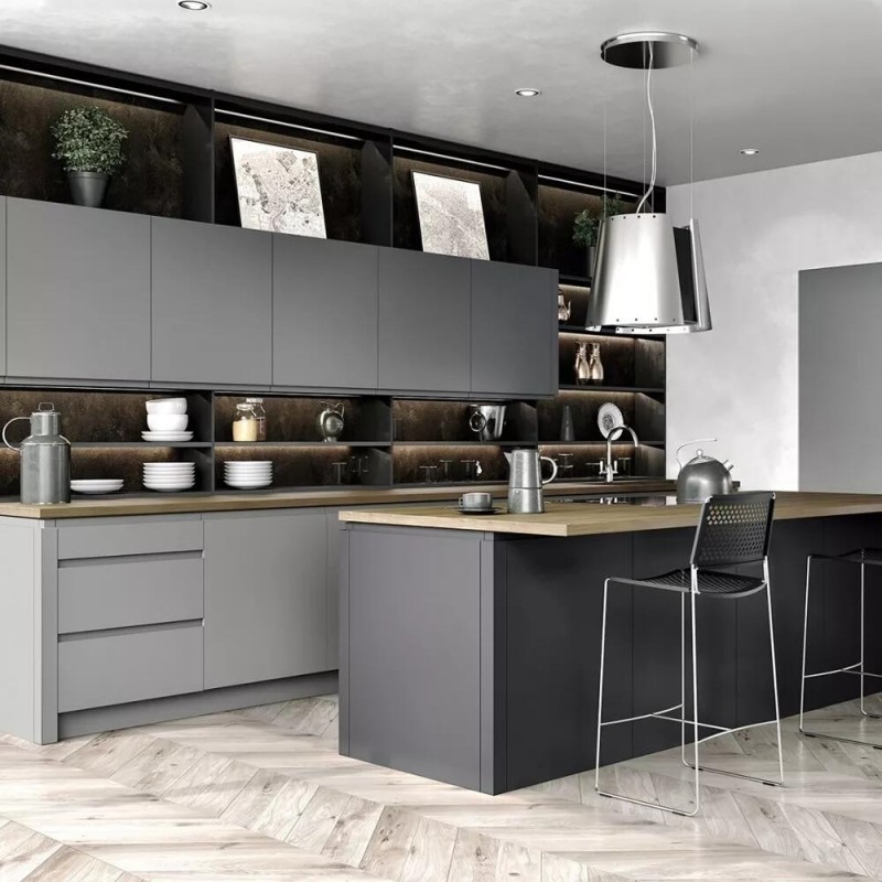 Lacquer Finished Kitchen Cabinet with Acrylic Door Panel and Quartz Stone Countertop