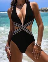 Comodo traje de baño de una pieza para la playa de material de espandéx negro sexy bikini