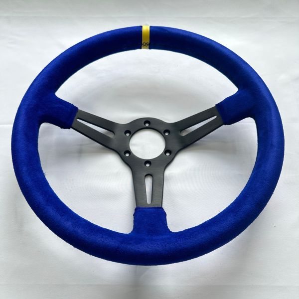 DELUXON Universal Blue Suede Racing Steering Wheels 350mm 70MM Dish 6 Bolt With Black Stitching Black Spoke 