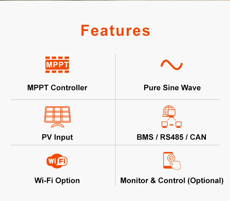 3.6KWH/3.6KVA HYBRID INVERTER MPPT PV Utility LiFePO4 battery RS485 RS232 Dry Contact WIFI Offgrid Bluetooth IP21