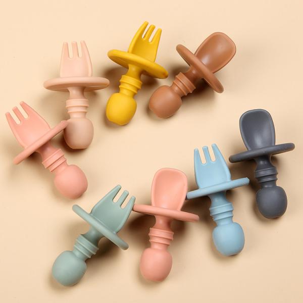 FDA LFGB BPA Approved Silicone Cutlery Set Baby Training Spoon Fork Round Handle Soft Scoop