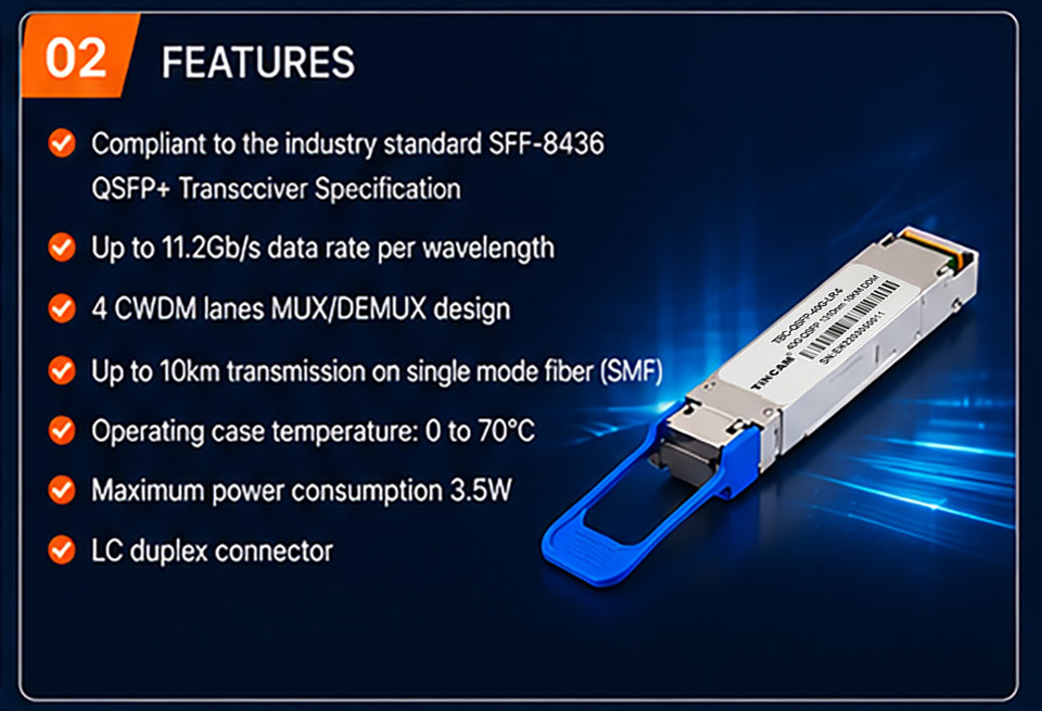 40G QSFP+ LR4 Optical Transceiver Module Single Mode LC Duplex 10km 1310nm TBC-QSFP+40G-LR4