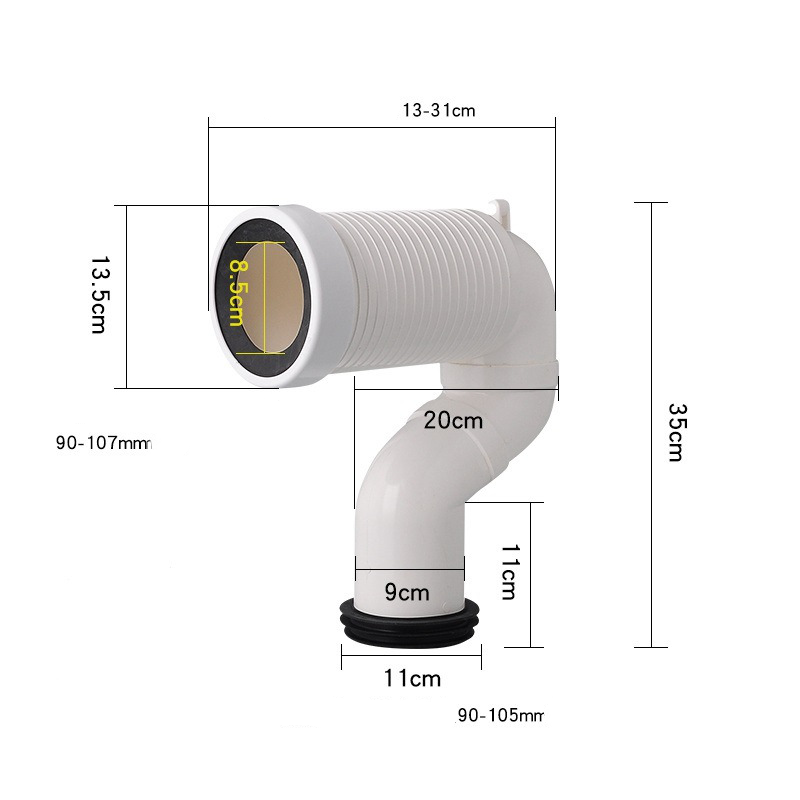 Adjustable-Length White PVC Pipe Connector, Used For Connecting WC Panel To Plastic Drainage Pipe