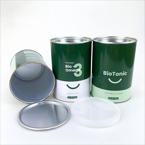 Emballage alimentaire en poudre personnalisé, tube rond, boîte cylindrique, pot en papier avec feuille d'aluminium, couvercle à levier à sou, pot en papier de qualité alimentaire