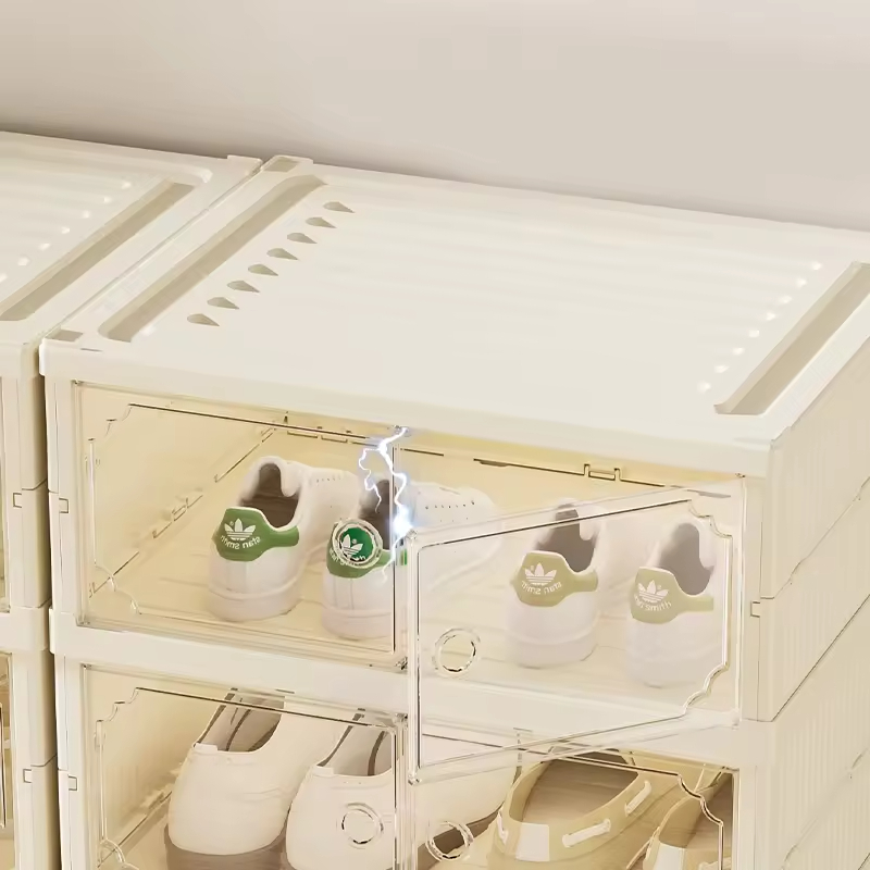 Durable Beige Clear Shoe Storage Cabinet Stackable Magnetic Closure Drawers with Ventilated Top for Modern Home Organization