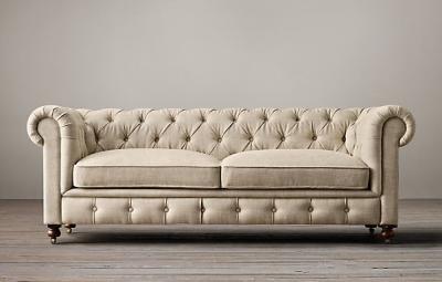 Button tufted french living room sofa event linen fabric wing sofa long back upholstered sofa with armrest