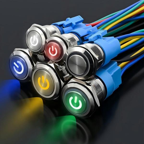 22mm LED Illuminated Self Return Latching Metal Push Button Switch With Connector On Off Switch Power Symbol Waterproof IP65