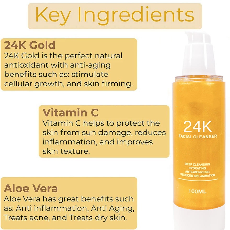 OEM ODM brand organic natural skincare products 24k gold deep cleansing exfoliating moisturizing cleanser facial cleanser