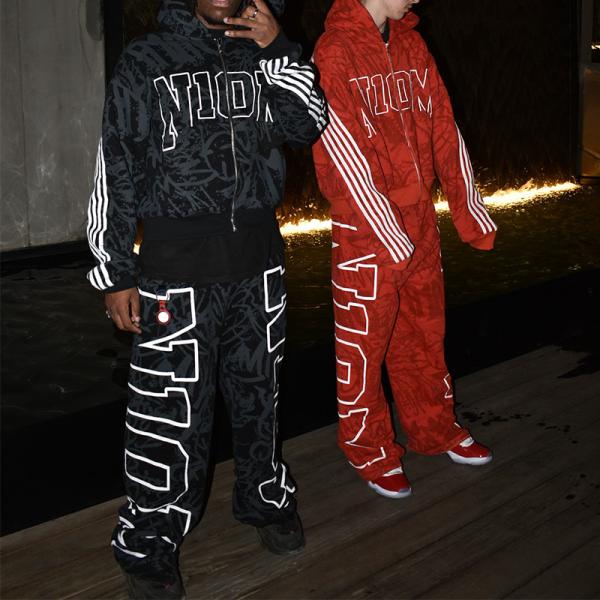 Clothing Manufacturers Custom Full Print Letter Logo Zip up Hoodies Stacked Straight Bagyy Oversized Hoodie and Sweatpants Set
