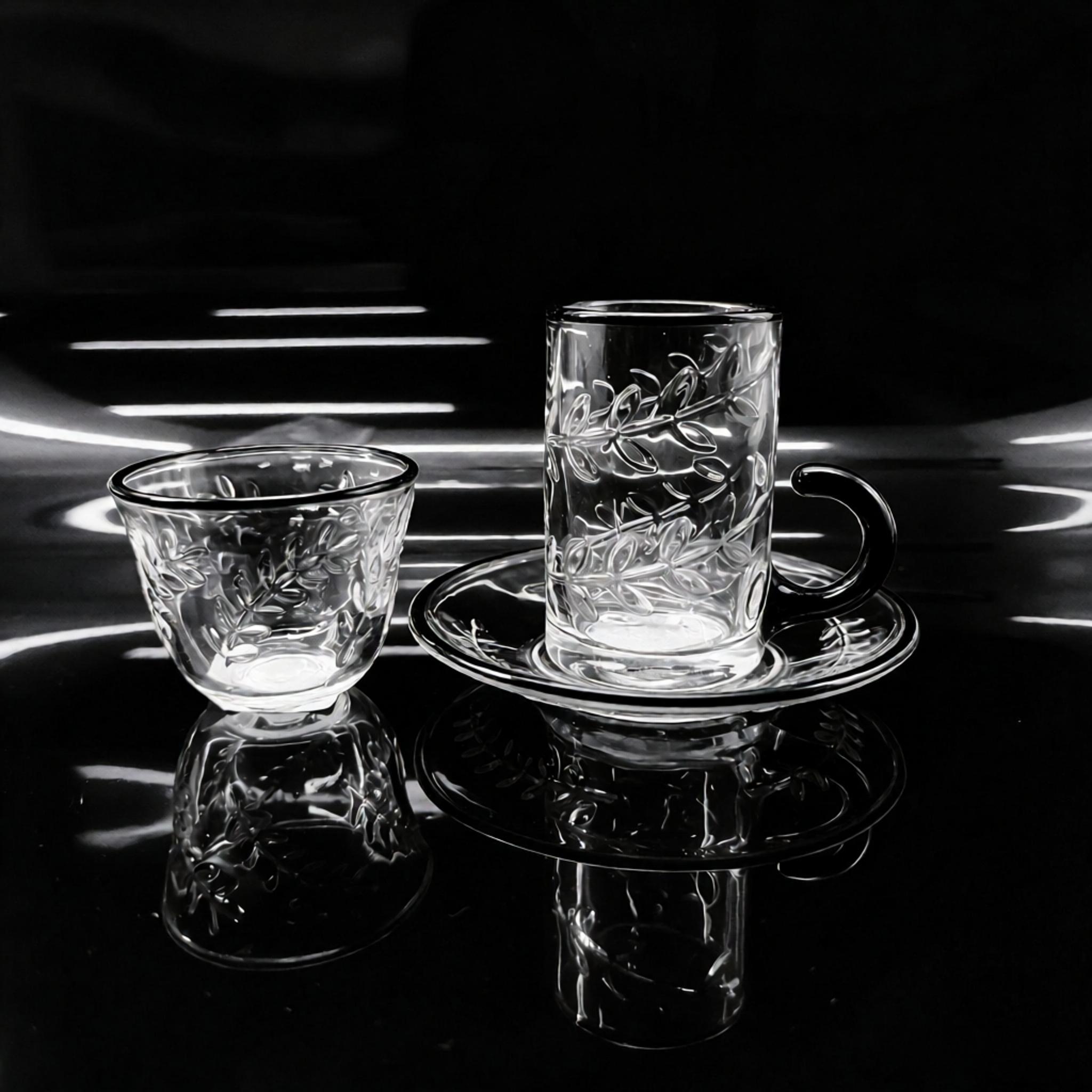 18PCS Premium Glass Coffee Cups Saucer Hand-painted Black Rim and Handle for Aesthetics-loving Home Baristas and Outdoor Tea Enthusiasts