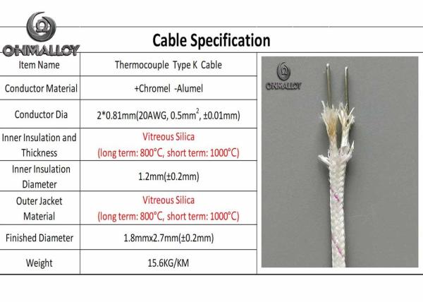 1000℃ KX-VS-VS-0.81 Vitreous Silica Insulated Thermocouple Cable Type K Wire