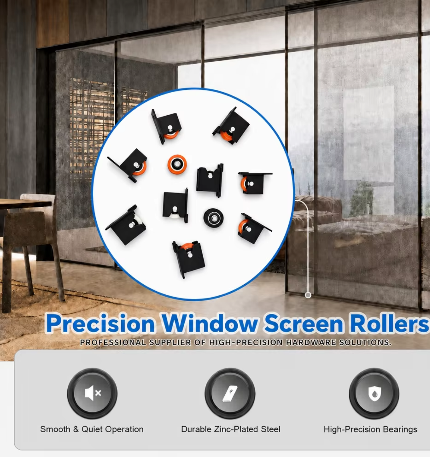 Low Profile 8mm Narrow Track Screen Roller with Black Plastic Bracket Window Roller for Sliding Roller Hardware