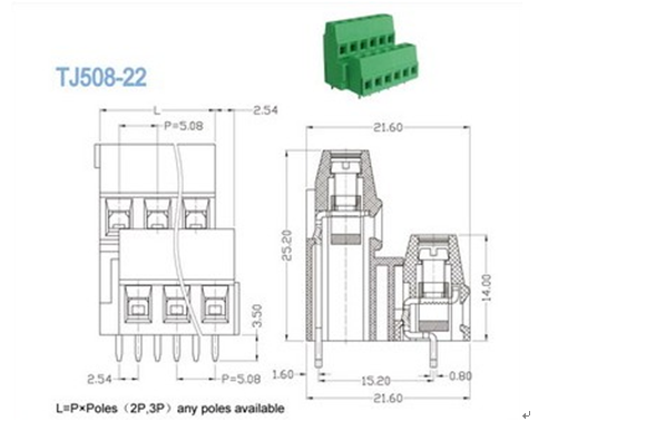 Разъем силы терминального блока винта PCB зеленого цвета 2 уровней