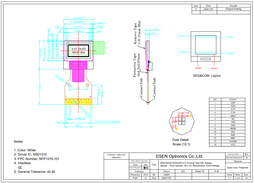 0.32 inch 60x32 Pixels OLED Display Module with 160 cd/m² Brightness and SSD1315 Driver IC