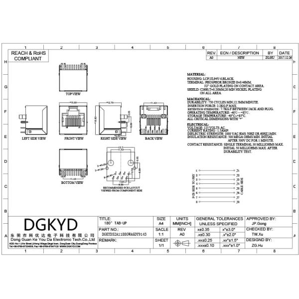 Соединитель DGKYD52A1188GWA6DY9143 52A RJ45 8P8C в линии гнездо 180 градусов