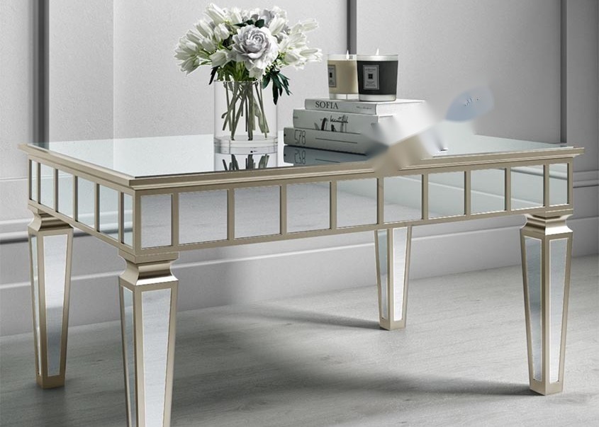 Mirrored Finish Coffee Table with Gold Detailing and MDF Material