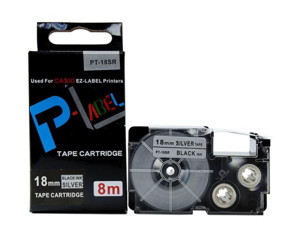 18mm Black On Silver EZ Label Tape Cassette  For CASIO XR-18SR EZ Label Printer