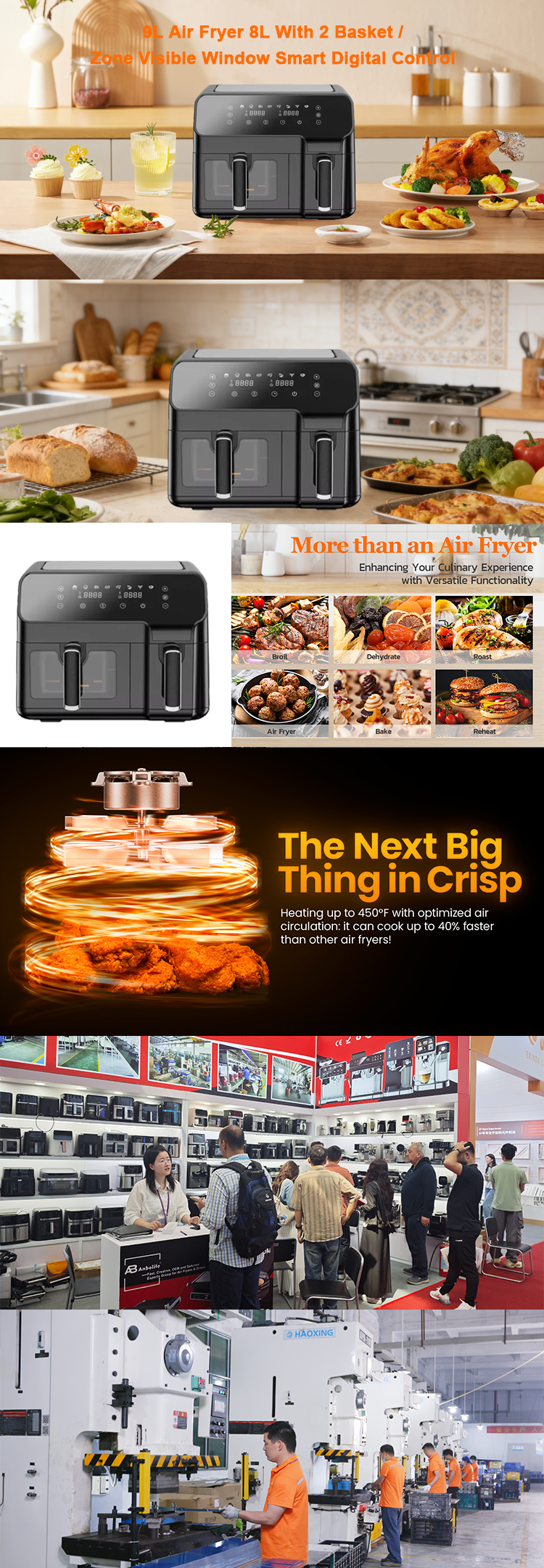 Dual Zone 9L Air Fryer Smart Digital Control 2 Basket Visible Window