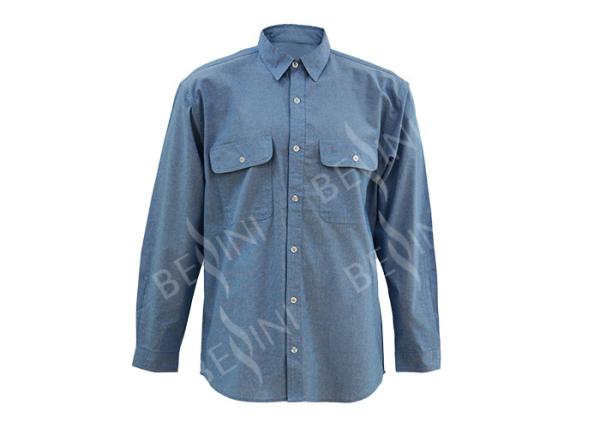 Men's 100%Cotton Chambray Blue Work Shirt Long Sleeve Chest Pockets Detailed Sleeve Band