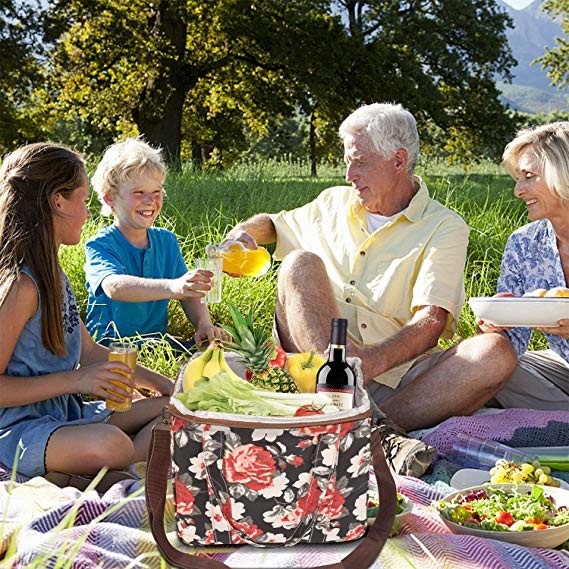 Thermal Insulated Cooler Tote Bags Wide Open Snacks Organizer Flower Printed