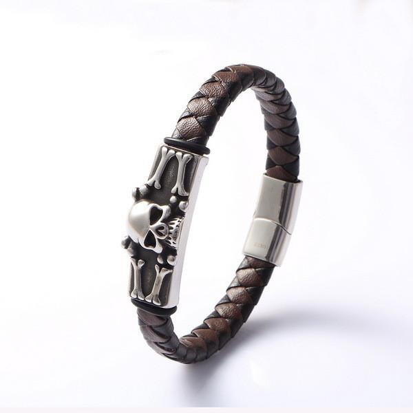 Skeleton Skull Brown Black Leather Creative Personality Stainless Steel Casting Trendy Leather Bracelet European and American Punk Skull Fashion Trendy Clothing Accessories