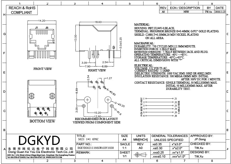 DGKYD56211166GWA1DY1030 одиночный гаван RJ12 соединитель 6P6C защищал Lightless G/FU