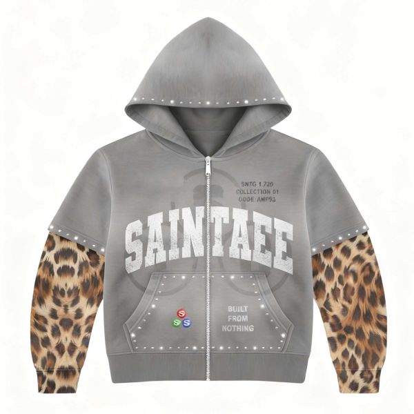 2026 Trending Vintage Oversize Heavyweight Men's Hoodies & Sweatshirts | Custom Rhinestone Zip up Leopard Double Layer Long Hoodie