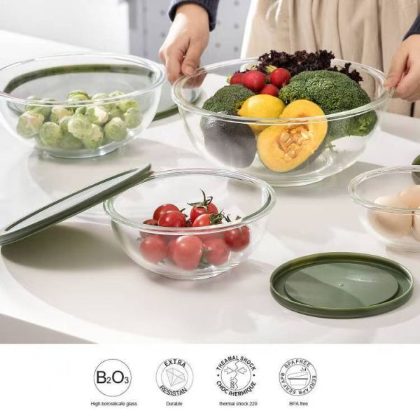 High Borosilicate Glass Salad Bowl Set - 560℃ Oven Safe Nesting Kitchen Mixing Bowls for Serving and Baking