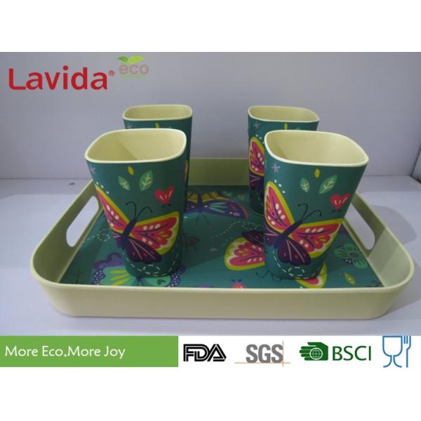 Nature Garden Butterly Prints Eco-friendly Biodegradable Bamboo Fiber Tray Melamine Food Drink Serving Tray with handles