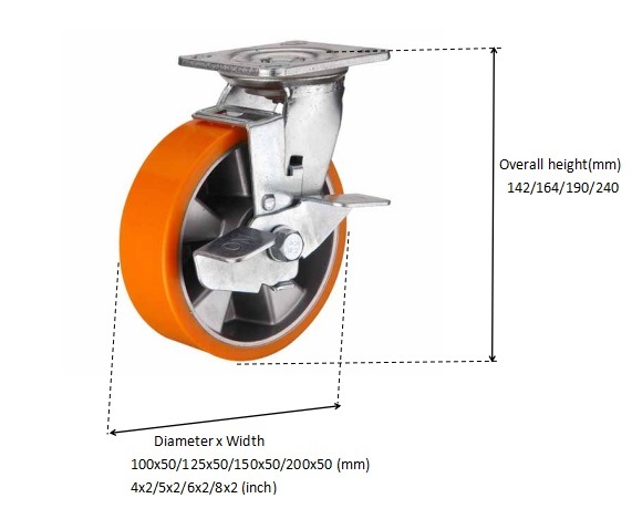 6 inch Orange color Swivel aluminium core PU wheel for heavy duty caster with side brake
