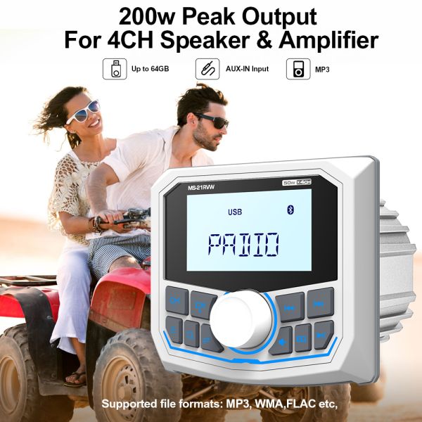 Waterproof Bluetooth Radio Marine Stereo FM AM Digital Media Audio Player+2 Pairs 4 inch Stereo Speakers For ATV UTV Golf Cart Tractor