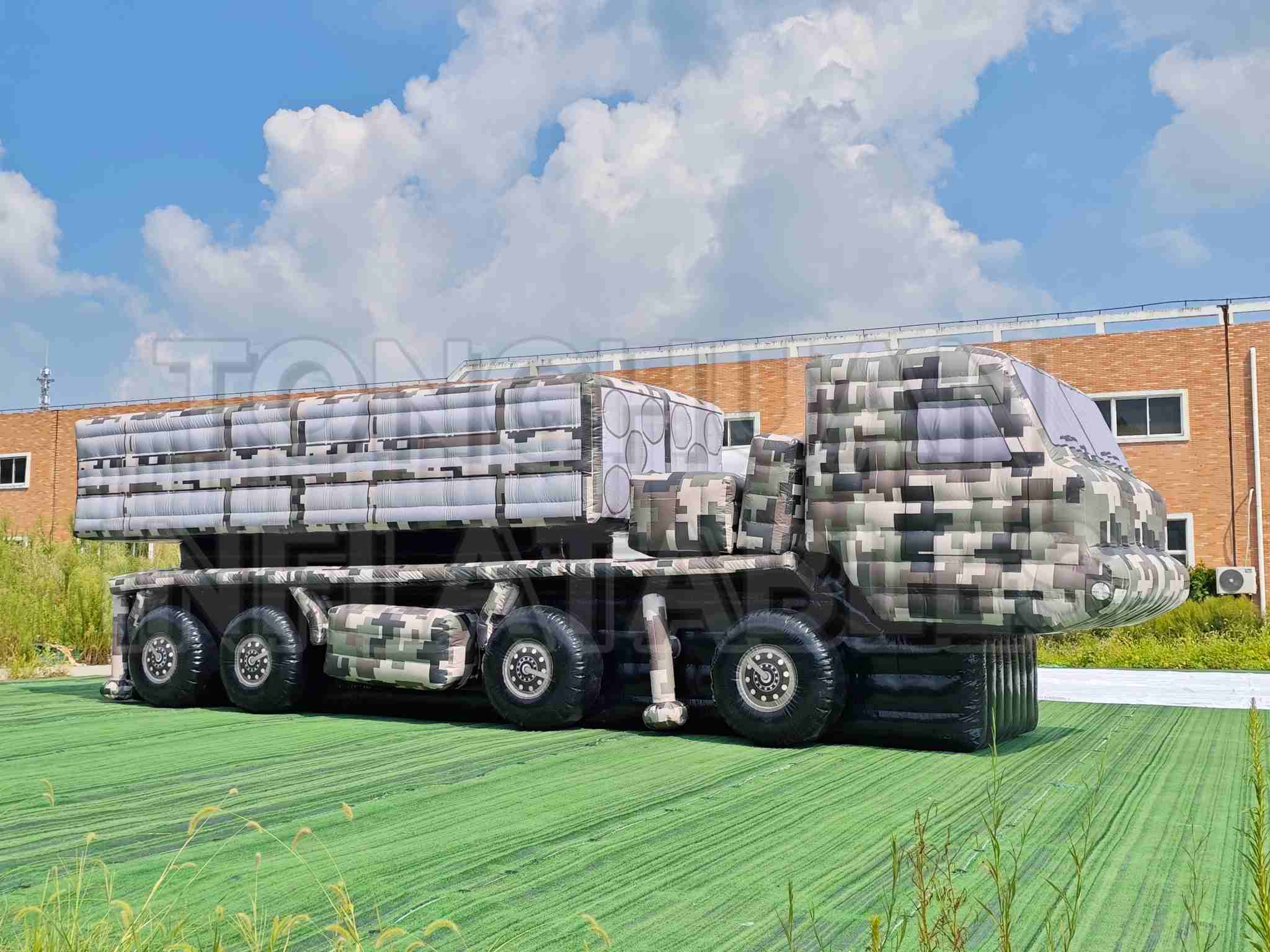 Custom Inflatable Launcher Vehicle Replica with Horizontal Canister Modules and Camouflage Truck Body for Training Display Exhibition and Outdoor Simulation Projects
