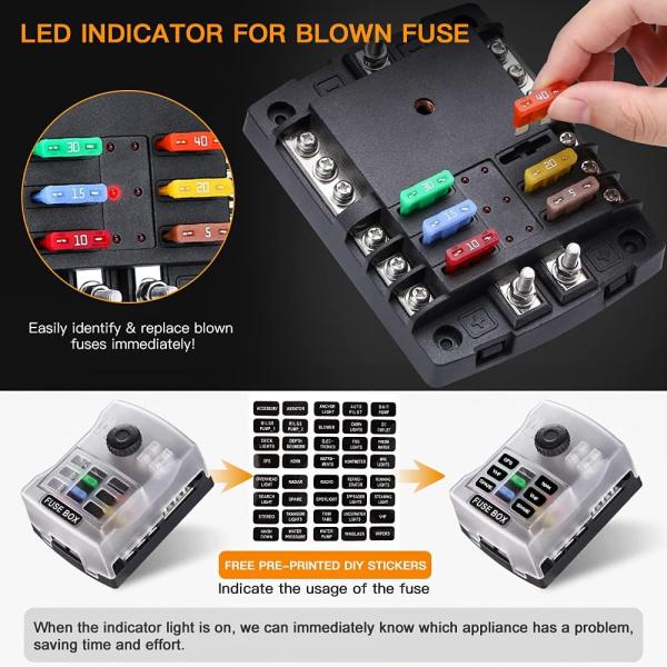 6 Way Fuse Distribution Block Car Boat Fuse Box Holder с предупреждающим индикатором и положительным вводом отрицательной шины