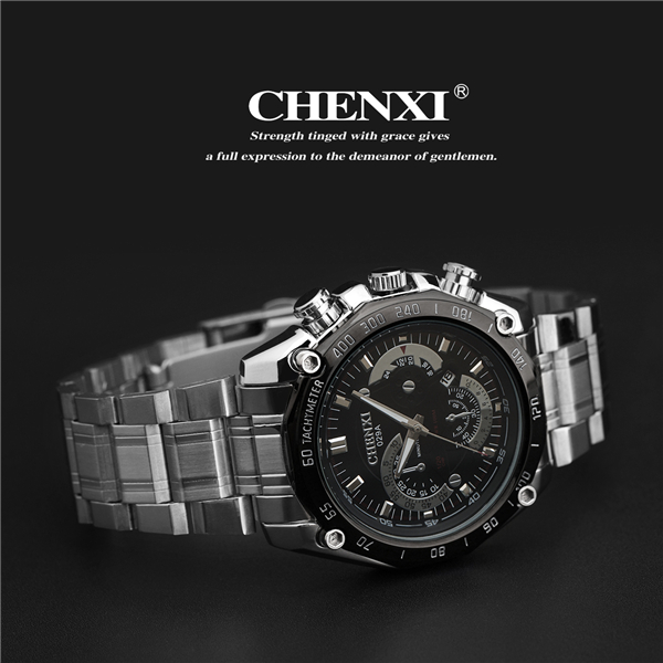 C029A5H Black Mens Military Watch Stainless Steel Band Day Date Business Man Quartz Watch