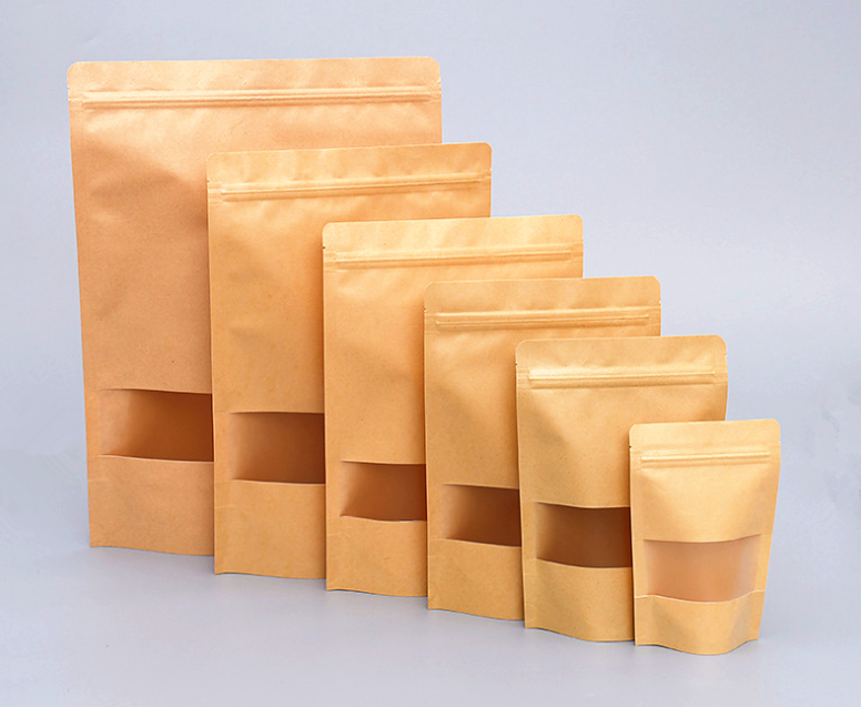 Heat Seal Kraft Paper Ziplock Stand Up Pouch With Clear Window