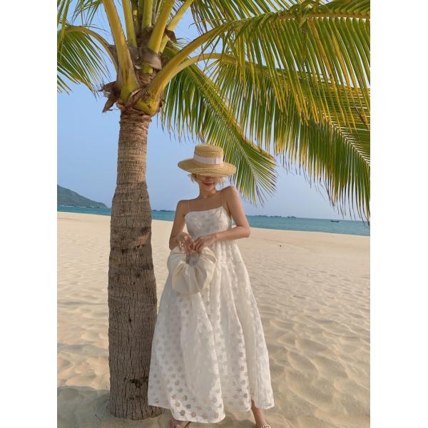 Sexy Back Tie Strap 115cm White Sleeveless Beach Dress Mid Length