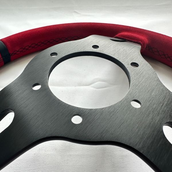 DELUXON Universal Red  Suede Racing Steering Wheels 350mm/70 MM Dish 6 Bolt With Black Stitching Black Spoke 