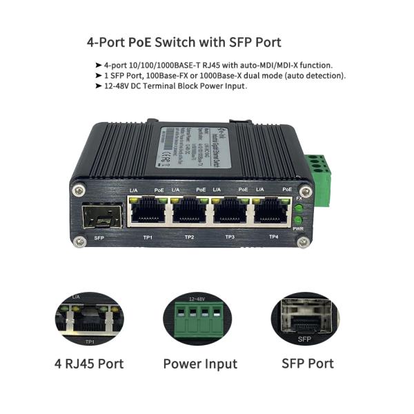 Mini Industrial 4-Port 10/100/1000T 802.3at PoE + 1-Port 100/1000X SFP Ethernet Switch with 12~48VDC Input and Voltage Booster