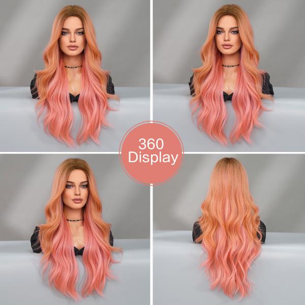 Fashion Long Body Wave Dark Root Hair Pink Synthetic Wigs For Women