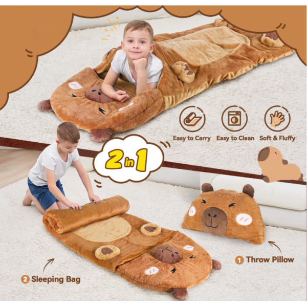 Kid Plush Capybara Slumber Bag, Toddler Girl Boy Nap Mat, 2 In 1 Brown Animal Pillow